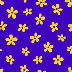 Obraz premium Vector illustration of minimalist style bright yellow flowers forming seamless pattern on purple background