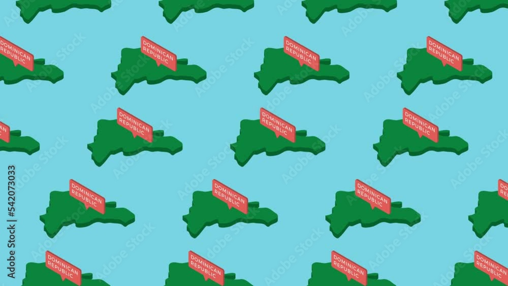 Poster green isometric maps of country dominican republic with orange pointer on a blue background. seamles