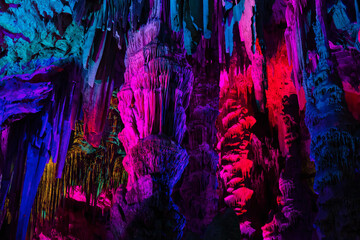 Saint Michael's Cave with colorful lights. Natural Rock Formation. Gibraltar, UK. Nature Background