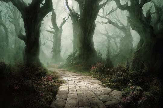 Spectacular pathway in the deep enchanted forest, misty environment, spooky leafless tree for halloween concept. Digital art 3D illustration for halloween concept of haunted woods.