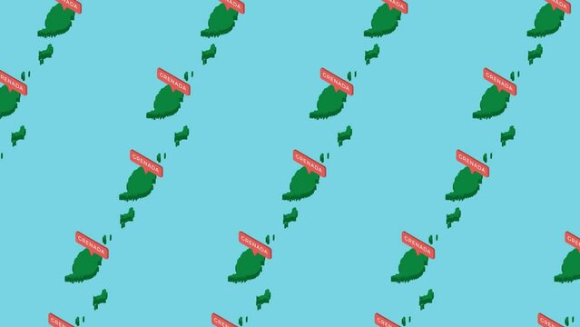 Green isometric maps of country Grenada with orange pointer on a blue background. Seamless loop horizontal movement of fake 3d geographic map concept