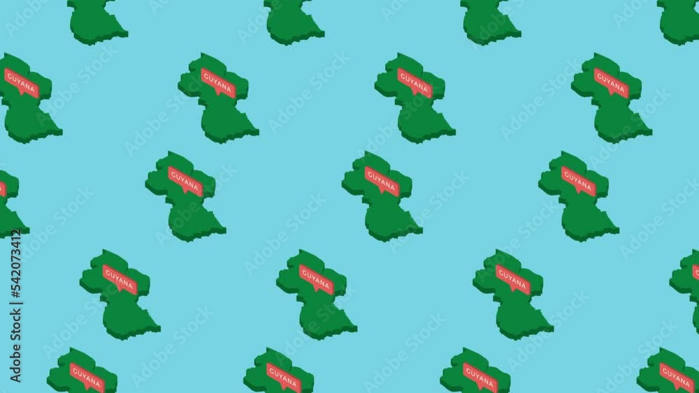Aufkleber green isometric maps of country guyana with orange pointer on a blue background. seamless loop horiz