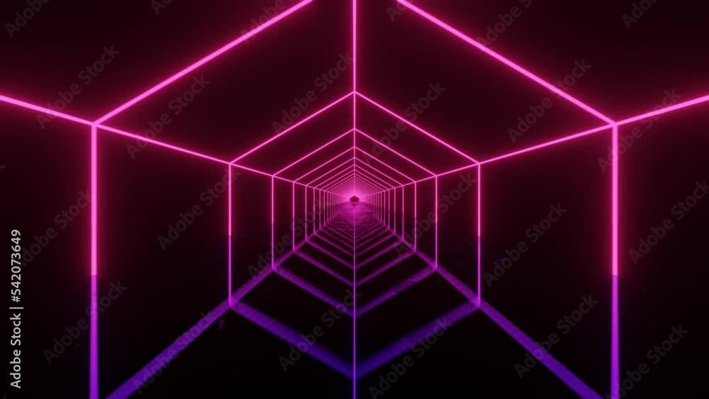 Poster neon glowing lines in hexagonal structure. abstract sci fi geometric background. futuristic corridor