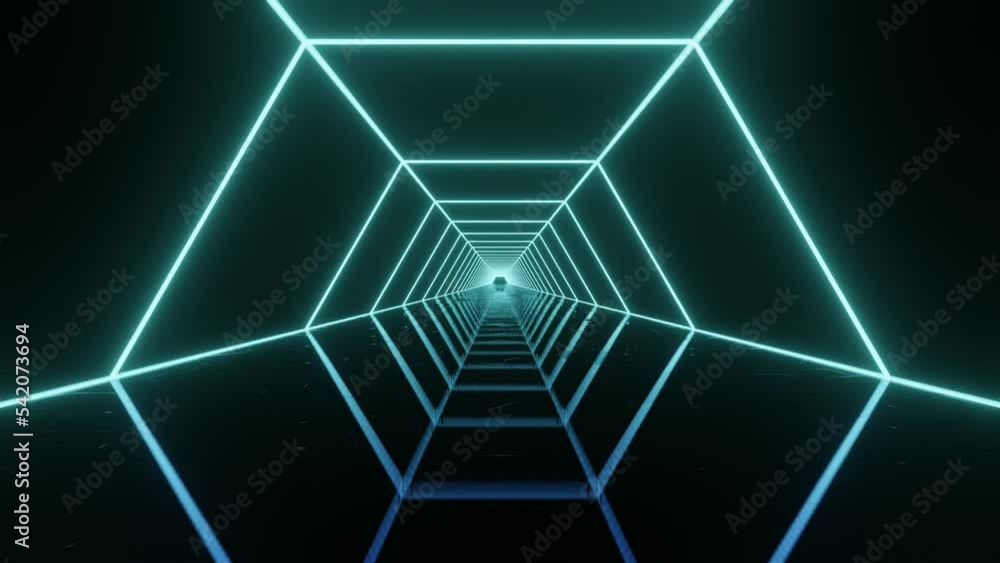 Poster neon glowing lines in hexagonal structure. abstract sci fi geometric background. futuristic corridor