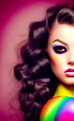 Fototapeta premium Portrait of a girl with creative makeup and hairstyle. Illustration. Generated by Artificial Intelligence .