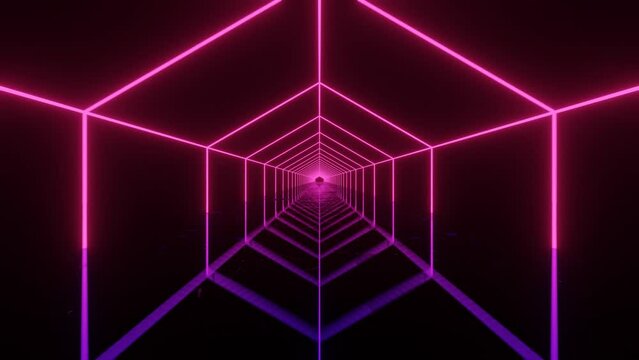 Neon glowing lines in hexagonal structure. Abstract sci fi geometric background. Futuristic corridor concept. Glowing in mirror floor tunnel with reflections. Moving forward 3d animation