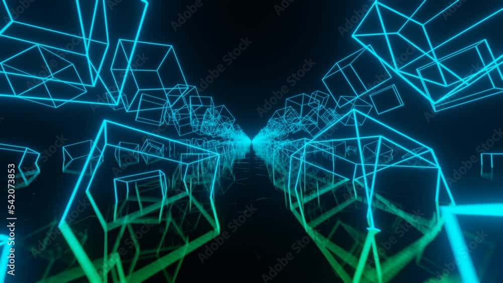 Aufkleber flight between neon glowing cubes. abstract sci fi geometric background. futuristic tunnel concept. 