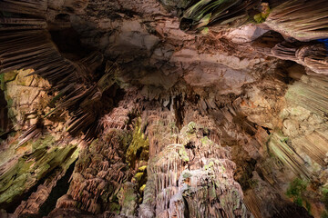 Saint Michael's Cave with colorful lights. Natural Rock Formation. Gibraltar, UK. Nature Background