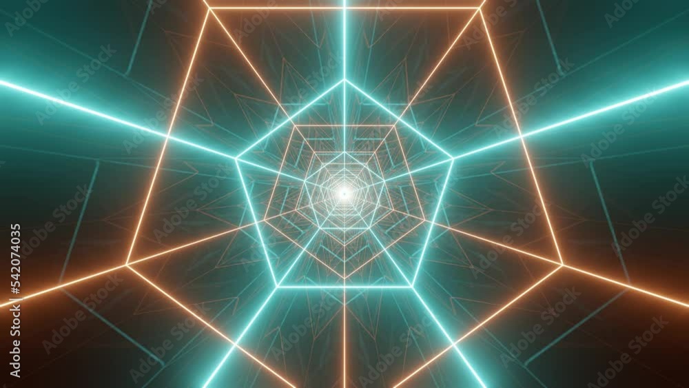 Poster mirror tunnel with orange and green neon glowing lines. seamless loop animation with neon glowing li
