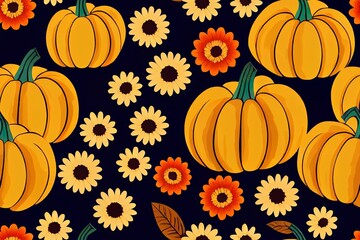 Naklejka premium Autumn pumpkins with royal blue background pattern. Sunflowers, flowers, apples, pears, gourds. Perfect for fall, Thanksgiving, holidays, fabric, textile. Seamless repeat swatch.