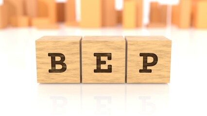Word BEP branded on cube wood reflected on the shiny table. Business concept. In the back are wooden cuboids in various shapes. (3D rendering)