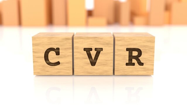 Word CVR chiselled on wooden cube blocks reflected on the shiny surface. Business concept. In the back are wooden cuboids in many different shapes. (3D rendering)