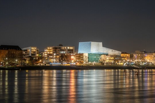 Theater Bonn Opera House near the Rhine River at night