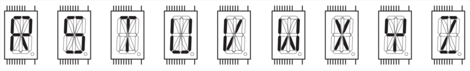 Vector image of a single-digit sixteen-segment
liquid crystal indicator chip in black and white color.
Displaying capital letters of the english alphabet from R to Z on
the indicator screen.