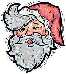 Funny Santa Claus face, hand drawn cartoon character, comic personage illustration. Decorative element for poster print, Christmas party invitation, postcard design. Traditional winter celebration.