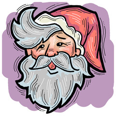 Funny Santa Claus face, hand drawn cartoon character, comic personage illustration. Decorative element for poster print, Christmas party invitation, postcard design. Traditional winter celebration.