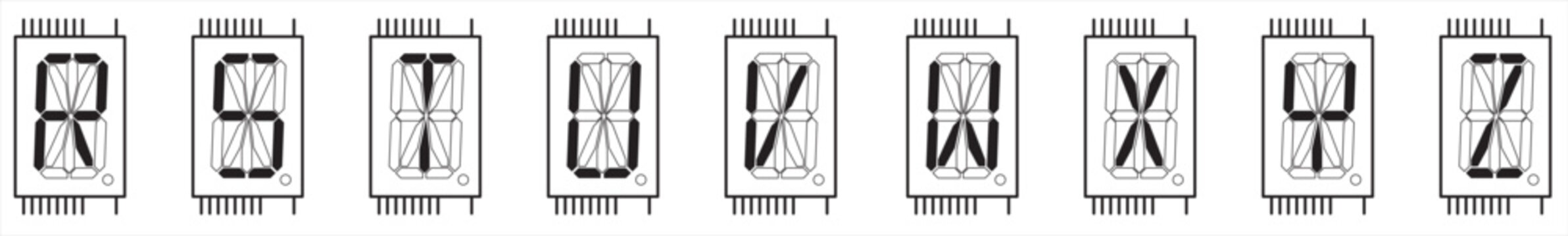 Vector image of a single-digit sixteen-segment
liquid crystal indicator chip in black and white color.
Displaying capital letters of the english alphabet from R to Z on
the indicator screen.