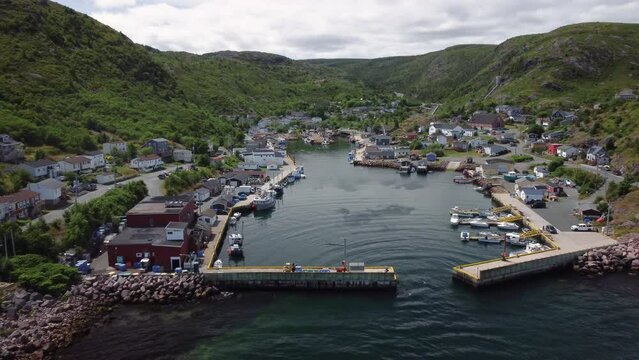 Push in aerial of a fishing village in Newfoundland