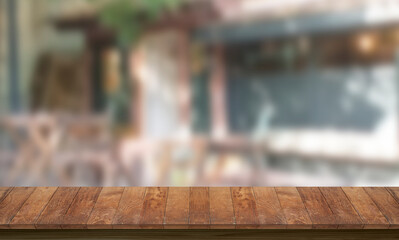 wooden table mockup with blurred street restaurant background, pub countertop mockup, 3d rendering