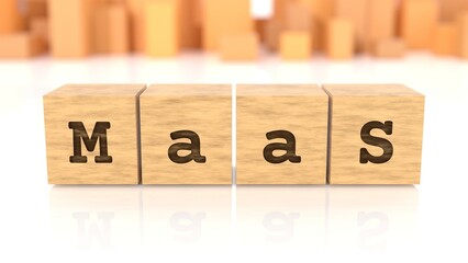 Word with the text MaaS carved on wooden blocks reflected on the bright surface. Business concept. In the back are wooden cuboids in many different shapes. (3D rendering)