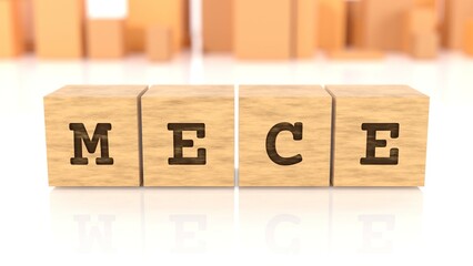 Letters MECE chiselled on wooden cube blocks reflected on the shiny surface. Business concept. In the back are wooden cuboids in many different shapes. (3D rendering)