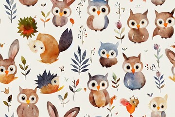 Obraz premium Watercolor Woodland animals seamless pattern. Fabric wallpaper background with Owl, hedgehog, fox and butterfly, Bunny rabbit set, bear and bird baby animal, Scandinavian Nursery