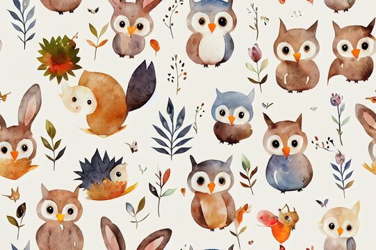 Watercolor Woodland animals seamless pattern. Fabric wallpaper background with Owl, hedgehog, fox and butterfly, Bunny rabbit set, bear and bird baby animal, Scandinavian Nursery