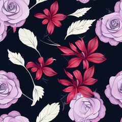 Seamless pattern with decorative rose flowers and leaves. Dark floral background