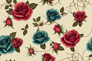Colorful tattoos vintage seamless pattern with blooming roses sugar skulls and elegant green stem of barbed wire texture 2d illustrated illustration