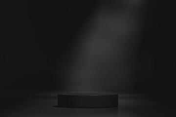 Minimal black cylinder pedestal or podium for product showcase.  Blank mockup. Dark background. Empty stage. 3d render illustration. Leaf shadow