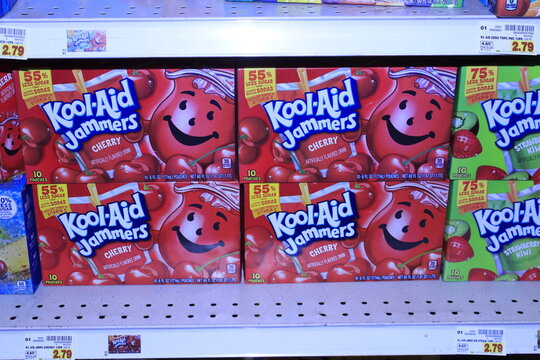 KOOL AID Cherry Jammers in boxes on a grocery store shelf shot closeup.