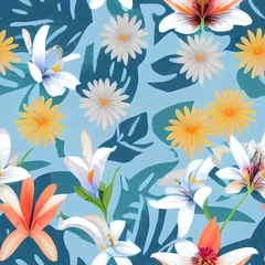 Foto op Plexiglas Tropical flowers and exotic leaves seamless pattern illustration. Fabric motif texture repeated. Leaves and floral chrysathemum element, lily, daisy, small floral bouquet. Light blue background. © AkuAku