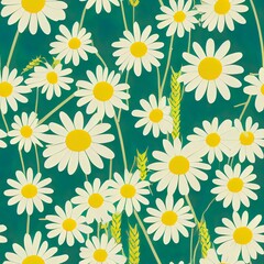 Fototapeta na wymiar 2d illustrated horizontal seamless border with white daisies and yellow wild flowers and ears of wheat.