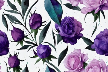 Seamless watercolor pattern with purple roses and peonies in a watercolor style