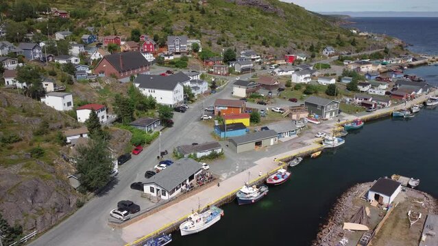 A rising shot of a fishing village in Newfoundland