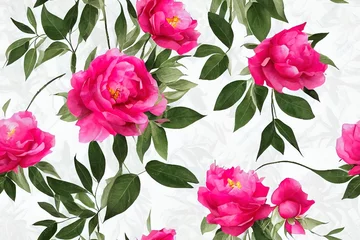 Tuinposter seamless floral watercolor pattern with garden flowers roses, peonies, leaves, branches. Botanic tile, background. © AkuAku