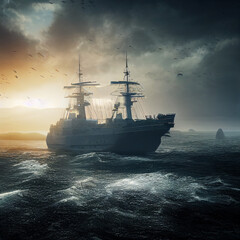 The warship is wrecked. 3D illustration