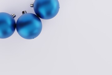 Blue Christmas balls on a light background. Festive concept, Christmas holidays. 3D render, 3D illustration.