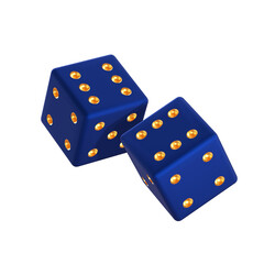 Two randomly rotated dark blue dice with gold embossed dots. Isolated on transparent background. 3d render