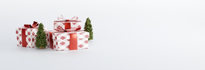 Gift box and Christmas tree on a light white background. Concept of making gifts for christmas, gift buying, christmas gifts. 3D render, 3D illustration.