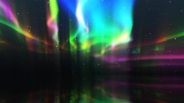 Rainbow Lights in the Sky Over Water 4K Loop features Aurora Borealis style rainbow colored lights moving across the sky reflected in water below in a loop. 