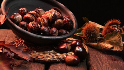 Roasted chestnuts and leaves