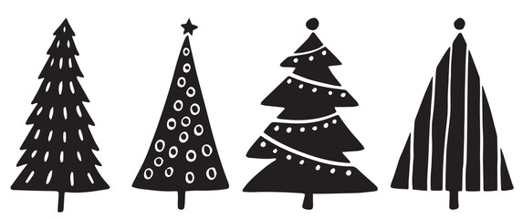 christmas tree vector, background, icon, black and white, retro style, vintage minimalistic trees, hand drawn trees, pattern, isolated, graphic, simple, bundle set, collection