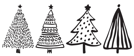 christmas tree vector, background, icon, black and white, retro style, vintage minimalistic trees, hand drawn trees, pattern, isolated, graphic, simple, bundle set, collection
