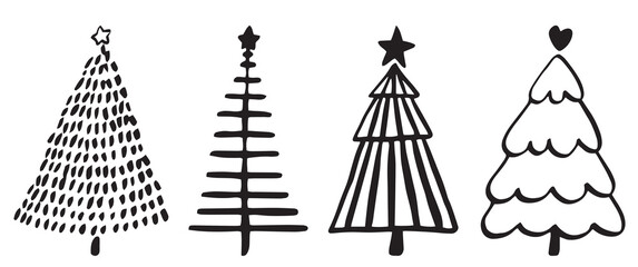 christmas tree vector, background, icon, black and white, retro style, vintage minimalistic trees, hand drawn trees, pattern, isolated, graphic, simple, bundle set, collection