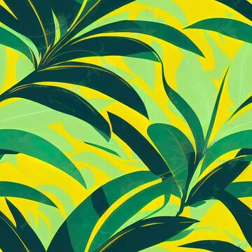 Tropical pattern with abstract plants and leaves on a yellow background. Hawaiian style. Seamless pattern with colorful leaves and plants. Colorful stylish floral.