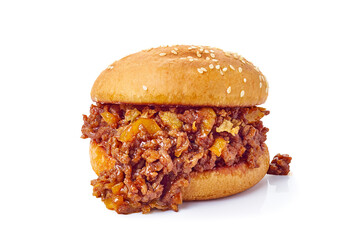 Tasty sandwich sloppy Joe on white background