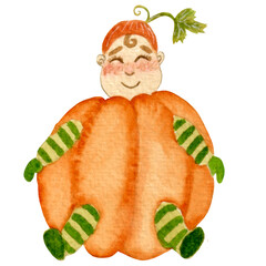 Watercolor bright illustration with smiling baby in a pumpkin costume, isolated on a white background.