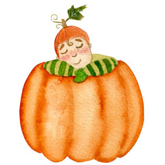 Watercolor illustration with sleeping baby in a pumpkin, isolated on a white background. For various autumn products.
