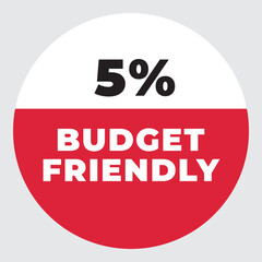 5% Budget Friendly vector sign. Warning red tag banner 